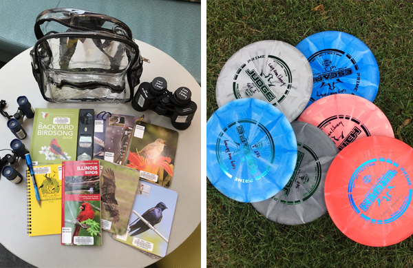 Side by side photos of a birding kit and frisbee golf discs.
