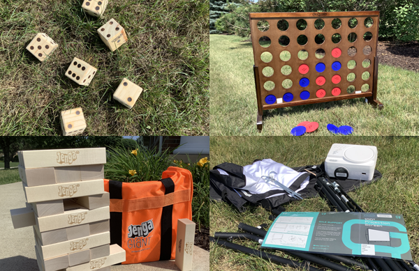 Four photo collage of five large wooden dice in the grass, a large wooden four in a row game frame on the grass, a giant Jenga game set on concrete outside, and a kit for a screen and projector outside on the grass.