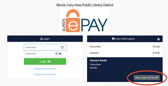 Screenshot of the ePay checkout screen, which includes a gray button titled "Skip Login and Pay" in the lower right corner.