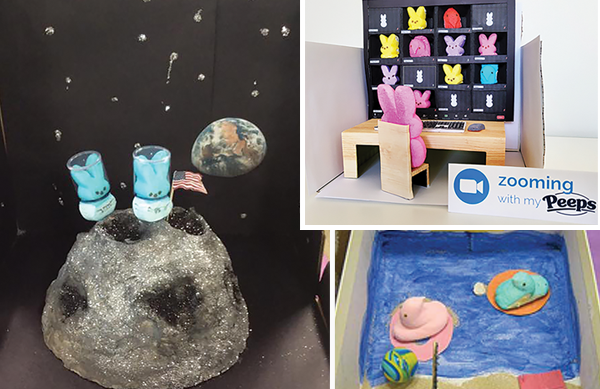 Photo collage of three previous Peeps Diorama Contest entires: the moon landing, a Zoom call, and Peeps floating in the ocean.