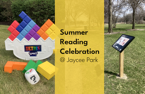 Photo collage of a large lawn Tetris game, a StoryWalk board, and a yellow block with title text.