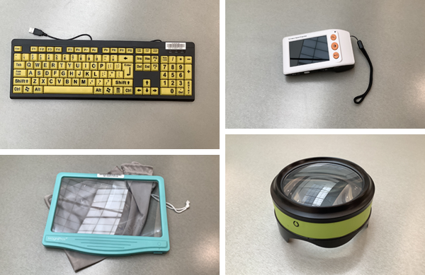 Collage of the four items: a black and yellow keyboard, a three types of magnifiers.