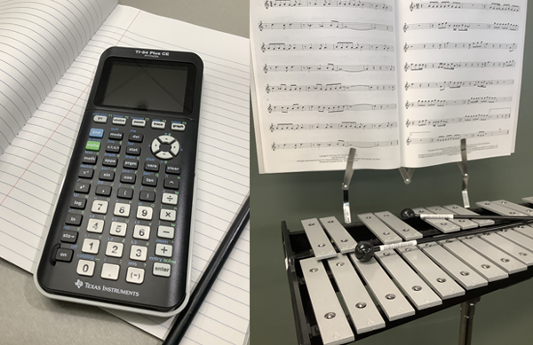 Collage of two photos: a calculator on a lined open notebook, and a xylophone with two mallets resting on it and sheet music attached to the back.