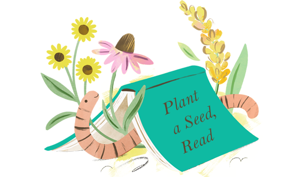 Illustration of a worm covered partially by an upside down book, with flowers surrounding it.