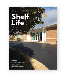 Front cover of the fall 2026 newsletter, which is the front entrance of the Library from a right side angle.