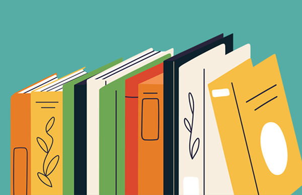Colorful illustration of vertical book spines on a teal background.